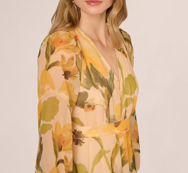 Adrianna Papell Long Sleeve Floral Organza Midi Dress In Ecru Yellow Multi