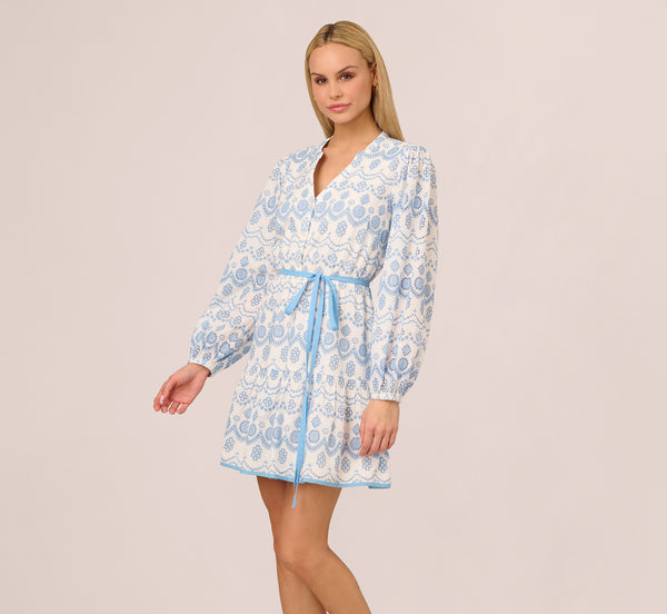 Adrianna Papell Long Sleeve Flounce Eyelet Shirt Dress In Light Blue Ivory