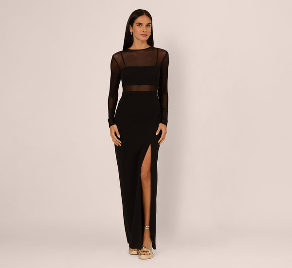 Adrianna Papell Long Sleeve Knit Crepe Mesh Illusion Column Dress In Black