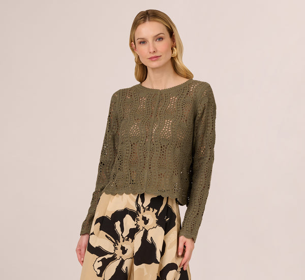 Adrianna Papell Long Sleeve Open Crochet Sweater In Olivine