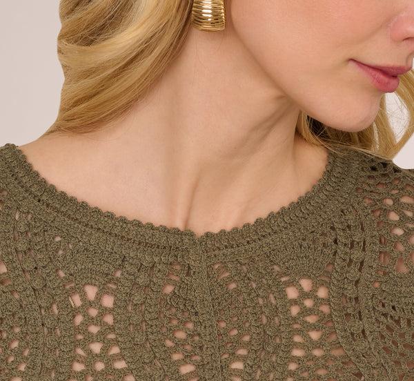 Adrianna Papell Long Sleeve Open Crochet Sweater In Olivine