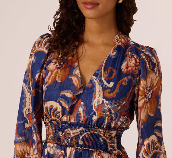 Adrianna Papell Long Sleeve Paisley Stripe Short Dress In Blue Multi