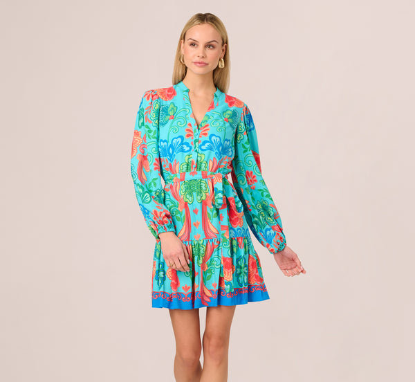Adrianna Papell Long Sleeve Printed Flounce Dress In Blue Multi