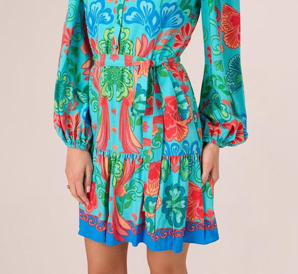 Adrianna Papell Long Sleeve Printed Flounce Dress In Blue Multi