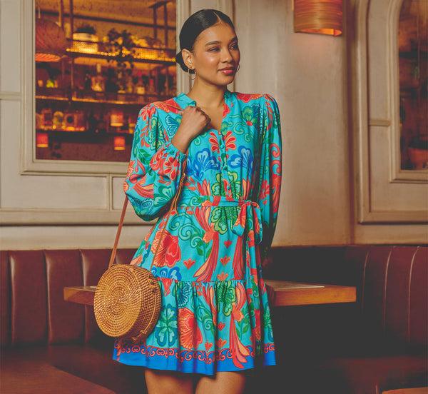 adrianna papell Long Sleeve Printed Flounce Dress In Blue Multi adrianna papell Long Sleeve Printed Flounce Dress In Blue Multi