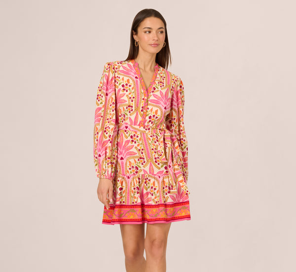 Adrianna Papell Long Sleeve Printed Short Flounce Dress In Pink Multi