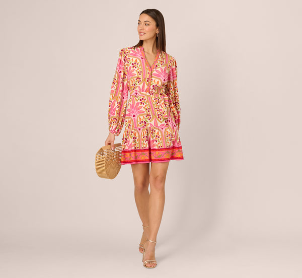adrianna papell Long Sleeve Printed Short Flounce Dress In Pink Multi