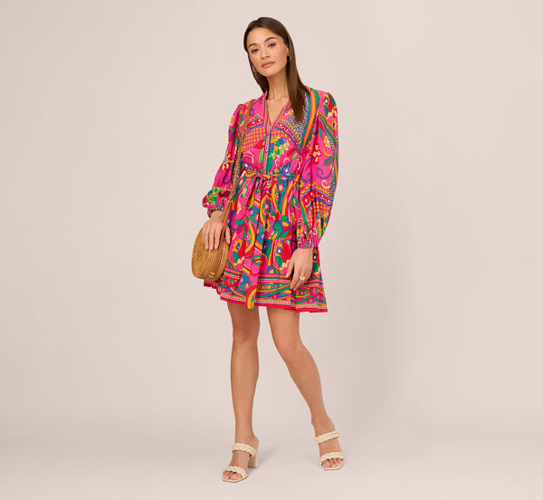 Adrianna Papell Long Sleeve Retro Printed A Line Dress In Pink Multi