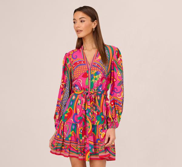 Adrianna Papell Long Sleeve Retro Printed A Line Dress In Pink Multi