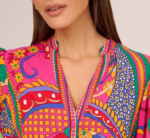 Adrianna Papell Long Sleeve Retro Printed A Line Dress In Pink Multi