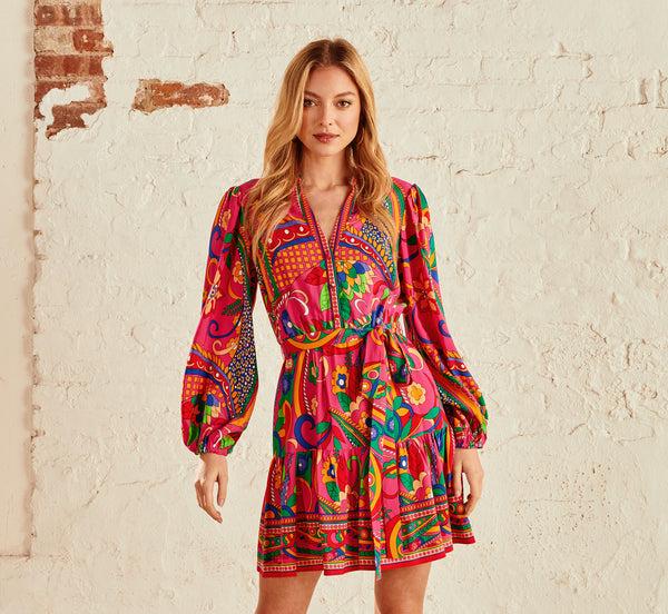 adrianna papell Long Sleeve Retro Printed A Line Dress In Pink Multi