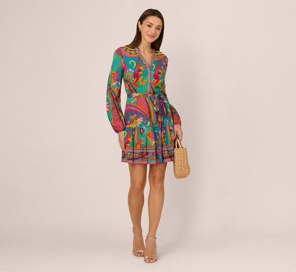 adrianna papell Long Sleeve Retro Printed A Line Dress In Teal Multi adrianna papell Long Sleeve Retro Printed A Line Dress In Teal Multi