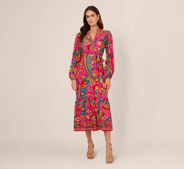 Adrianna Papell Long Sleeve Retro Printed Midi Dress In Pink Multi