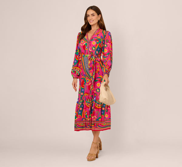 adrianna papell Long Sleeve Retro Printed Midi Dress In Pink Multi