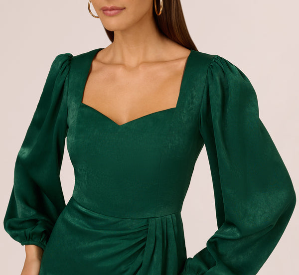 Adrianna Papell Long Sleeve Satin Dress With Draped Details In Dark Ivy