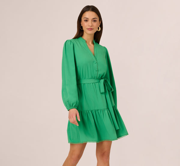 Adrianna Papell Long Sleeve Scallop Trim Short Dress In Green