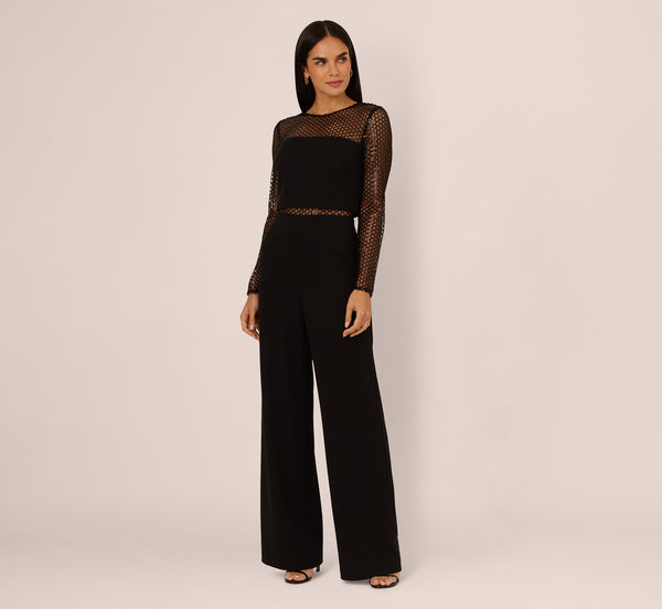 Adrianna Papell Long Sleeve Sequin Mesh Detail Jumpsuit In Black