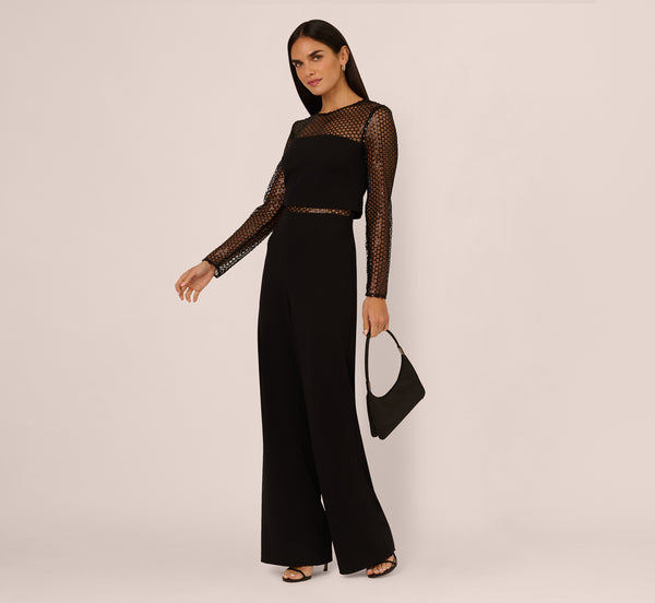 adrianna papell Long Sleeve Sequin Mesh Detail Jumpsuit In Black