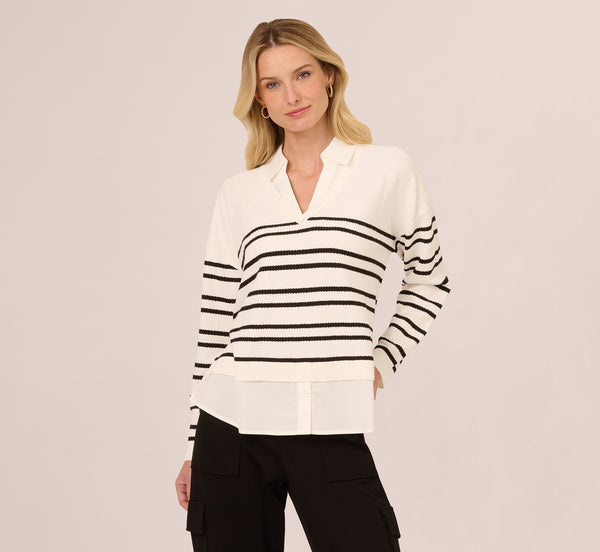 Adrianna Papell Long Sleeve Stripe Collared Twofer Sweater In Ivory Black W Ivory