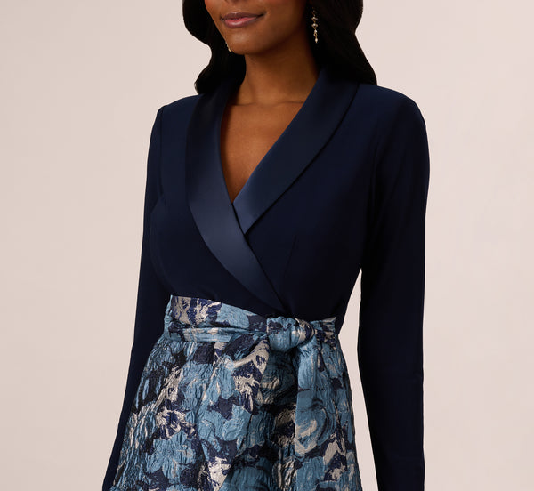 Adrianna Papell Long Sleeve Tuxedo Jacquard Combo Gown In Midnight Multi