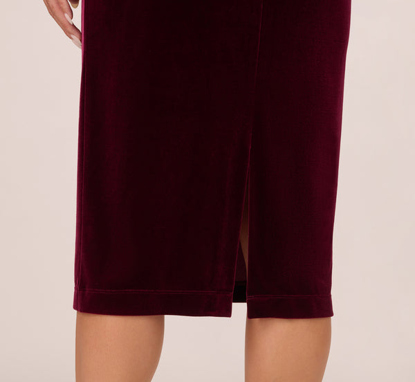 Adrianna Papell Long Sleeve Velvet Dress With Asymmetric Cutout Neckline In Burgundy