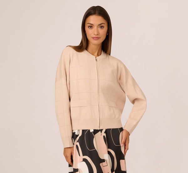 Adrianna Papell Long Sleeve Zip Front Sweater Bomber In Champagne Blush
