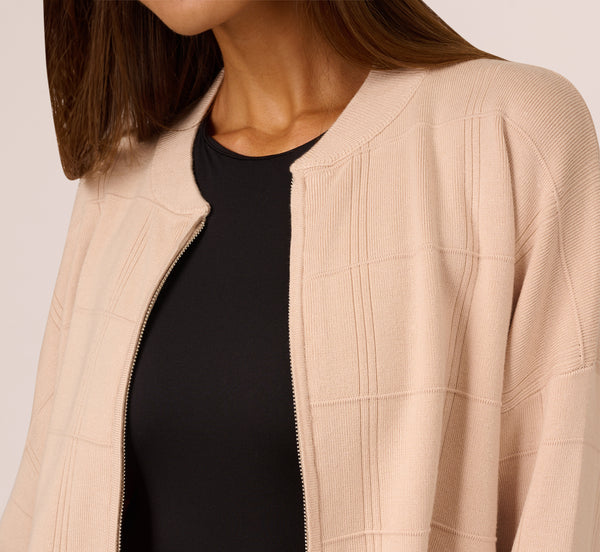 Adrianna Papell Long Sleeve Zip Front Sweater Bomber In Champagne Blush