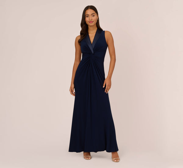 Adrianna Papell Matte Jersey Twist Front Tuxedo Long Gown In Midnight