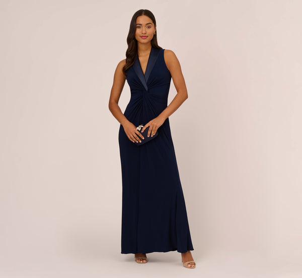 adrianna papell Matte Jersey Twist Front Tuxedo Long Gown In Midnight