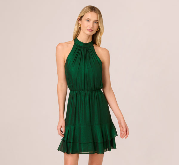 Adrianna Papell Metallic Blouson Halter Dress In Emerald Green