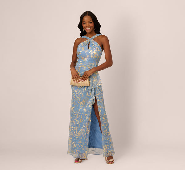 Adrianna Papell Metallic Crinkle Keyhole Halter Gown In Light Blue Gold