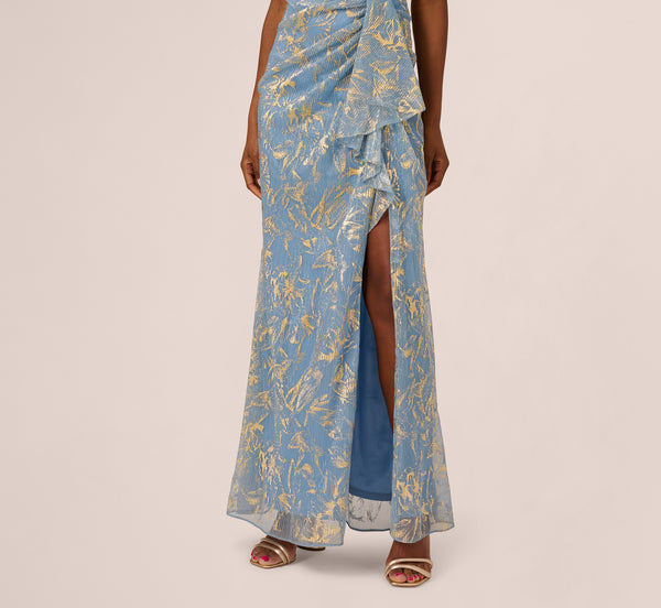 Adrianna Papell Metallic Crinkle Keyhole Halter Gown In Light Blue Gold