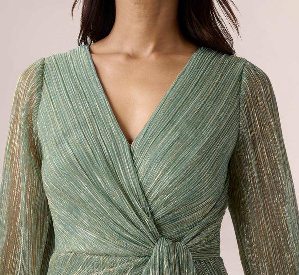 Adrianna Papell Metallic Crinkled Mesh Draped Long Gown In Green Slate