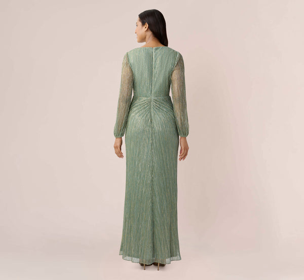 Adrianna Papell Metallic Crinkled Mesh Draped Long Gown In Green Slate