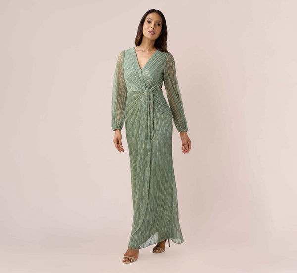 Adrianna Papell Metallic Crinkled Mesh Draped Long Gown In Green Slate