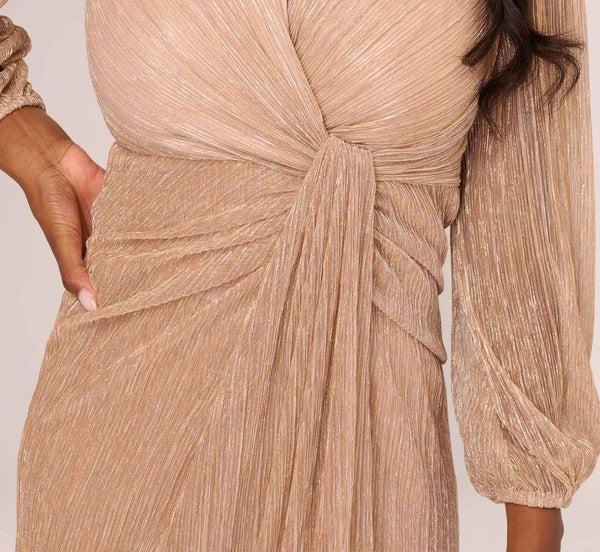 Adrianna Papell Metallic Crinkled Mesh Draped Long Gown In Light Gold