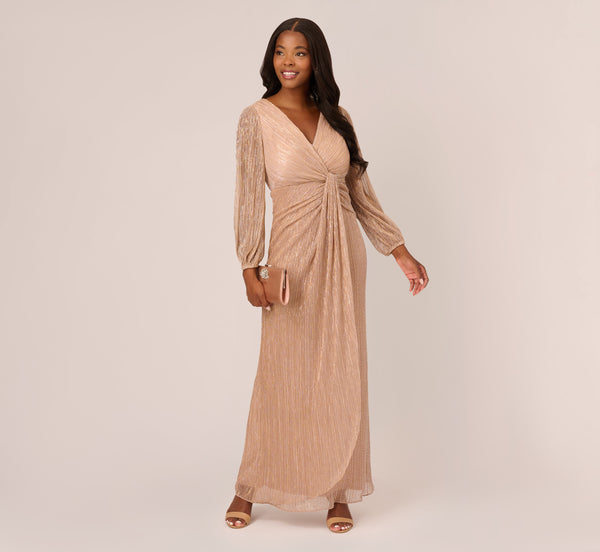 adrianna papell Metallic Crinkled Mesh Draped Long Gown In Light Gold