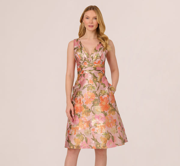 Adrianna Papell Metallic Floral Jacquard Midi Dress In Yellow Orange Multi