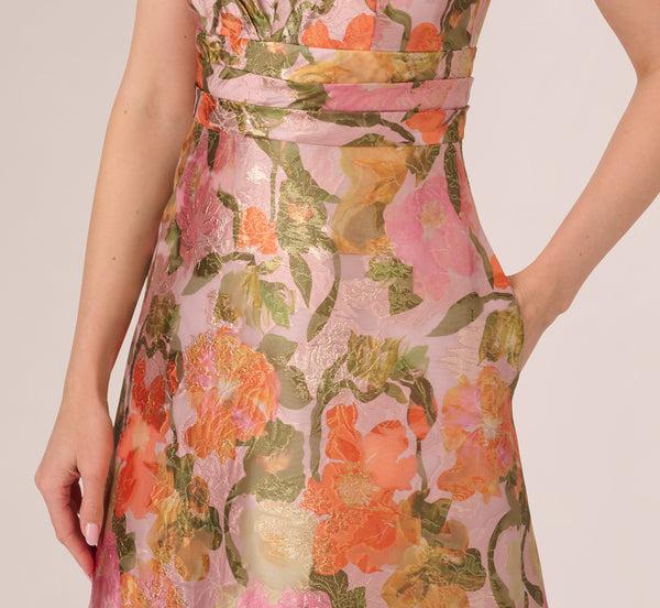Adrianna Papell Metallic Floral Jacquard Midi Dress In Yellow Orange Multi
