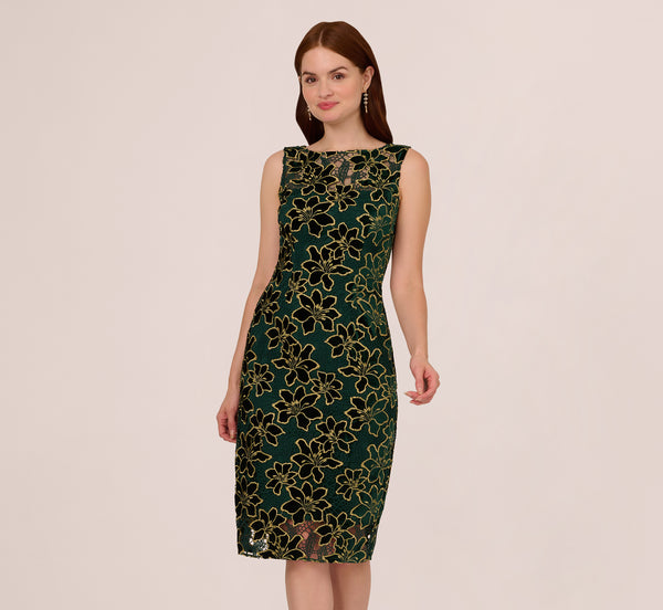 Adrianna Papell Metallic Floral Lace Midi Dress With Illusion Neckline In Hunter Gold