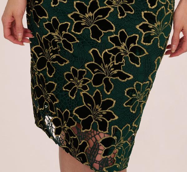 Adrianna Papell Metallic Floral Lace Midi Dress With Illusion Neckline In Hunter Gold