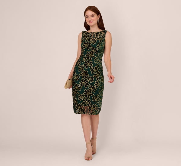 adrianna papell Metallic Floral Lace Midi Dress With Illusion Neckline In Hunter Gold