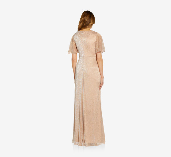 Adrianna Papell Metallic Mesh Draped Gown In Rose Gold