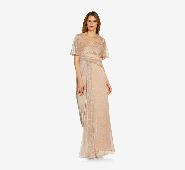 Adrianna Papell Metallic Mesh Draped Gown In Rose Gold