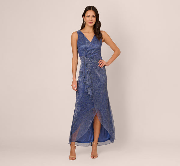 Adrianna Papell Metallic Mesh Faux Wrap Gown With Ruffle Accents In Light Navy