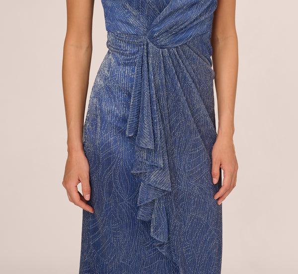 Adrianna Papell Metallic Mesh Faux Wrap Gown With Ruffle Accents In Light Navy