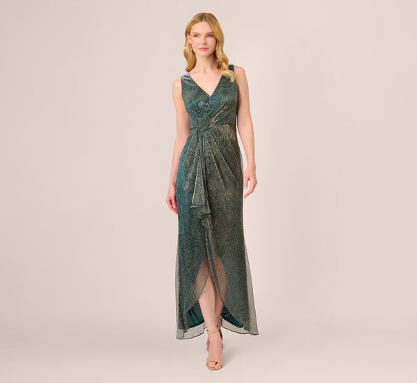 Adrianna Papell Metallic Mesh Faux Wrap Gown With Ruffle Accents In Evergreen