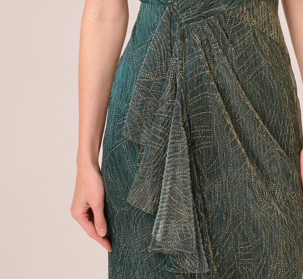 Adrianna Papell Metallic Mesh Faux Wrap Gown With Ruffle Accents In Evergreen