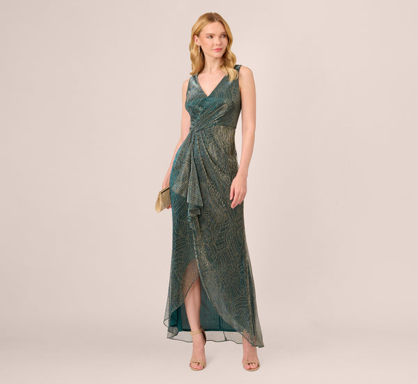 adrianna papell Metallic Mesh Faux Wrap Gown With Ruffle Accents In Evergreen