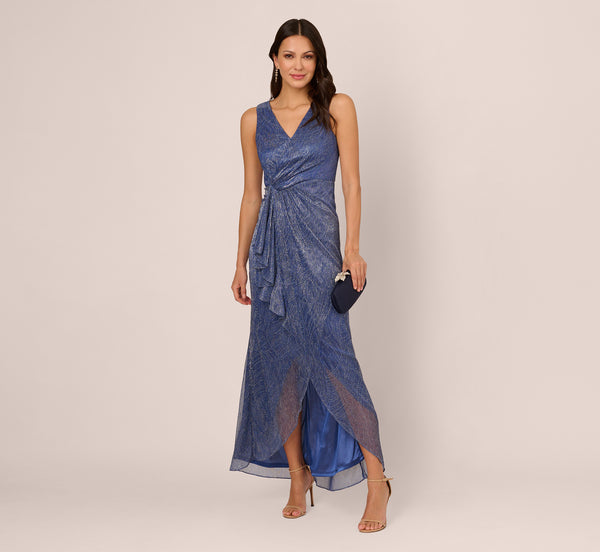 adrianna papell Metallic Mesh Faux Wrap Gown With Ruffle Accents In Light Navy